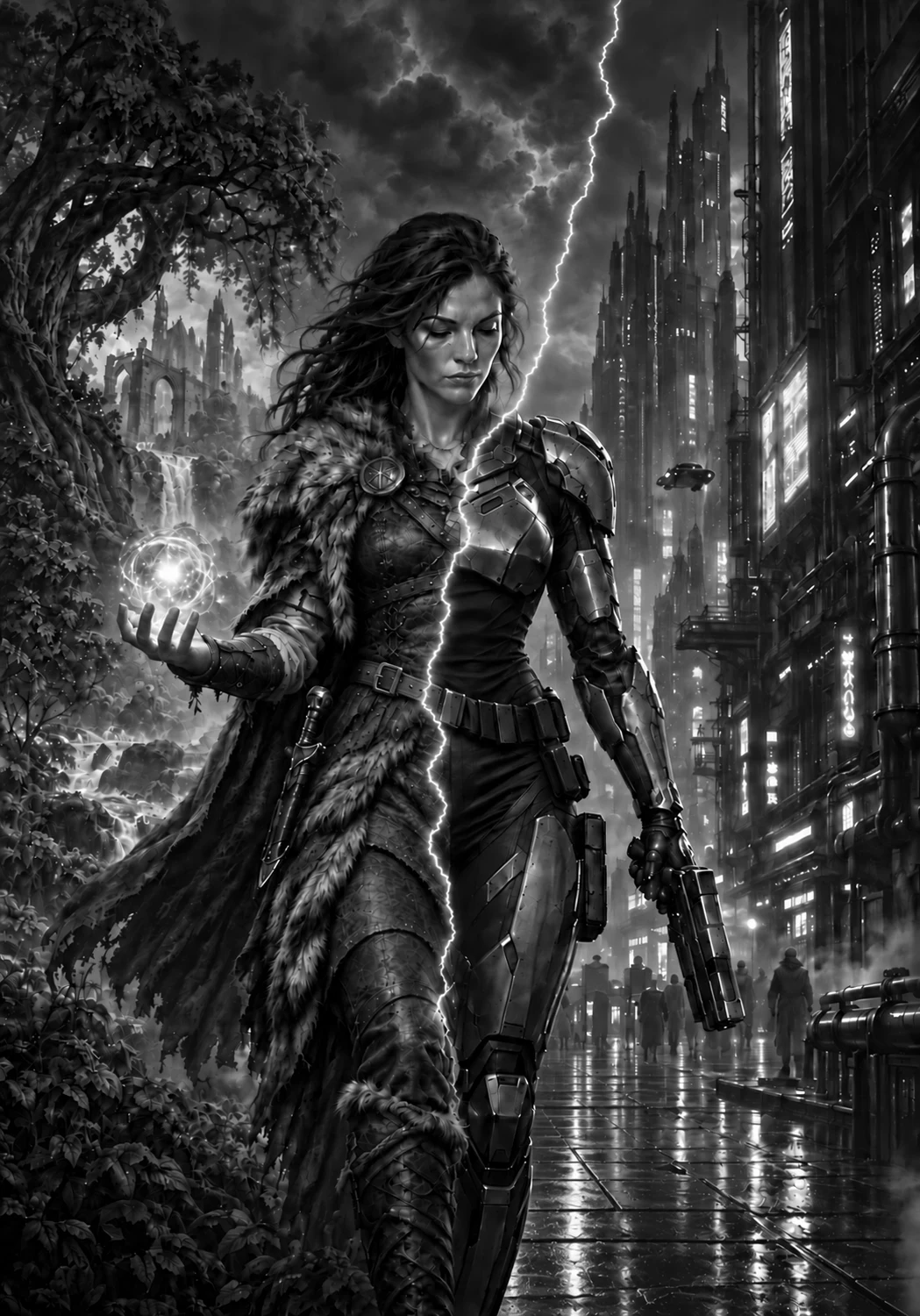 A heroine divided by lightning between a fantasy forest and a futuristic city